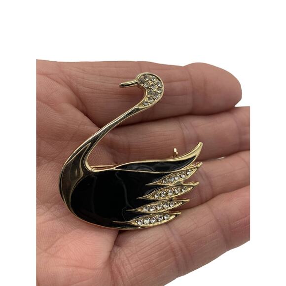 Black Enamel and Clear Crystal Stones Gold Tone Swan Brooch - Picture 3 of 4
